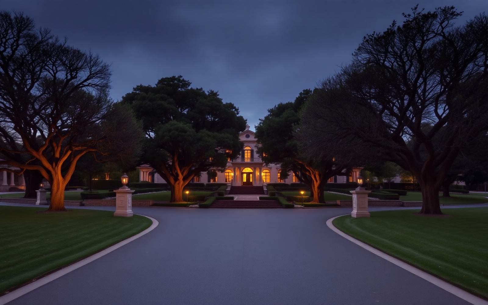 Mature oak allée on a Peninsula estate at dusk